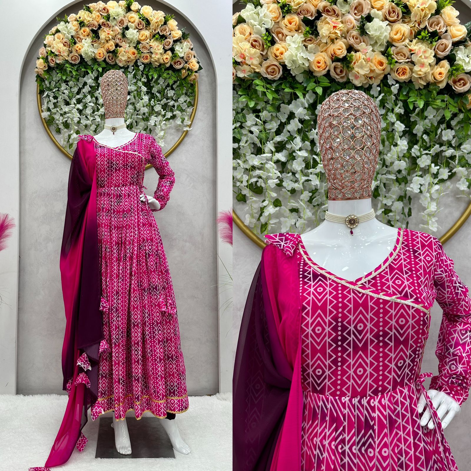 Buy MANDIRA WIRK Hibiscus Printed Layered Gown Dress (Set of 2) online